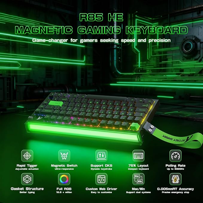 ATTACK SHARK R85 HE Wired 75% Rapid Trigger Mechanical RGB Gaming Keyboard with Custom Lightbox8KHz Polling Rate0.005mm RT Accuracy0.08MS LatencyHall EffectMagnetic SwitchDriver for PC-Green