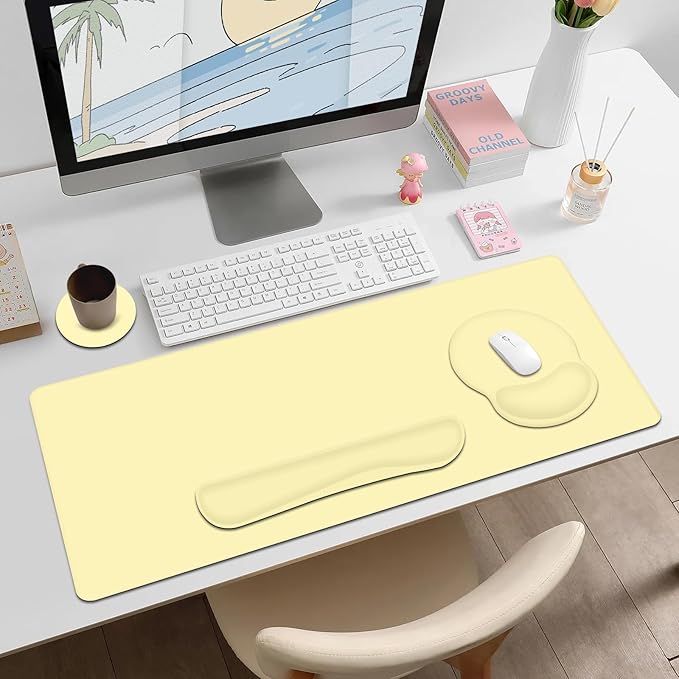 4 PCS Mouse Pad Desk Mat Protector Keyboard Wrist Rest + Comfortable Mouse Pad with Wrist Rest +Coaster Large Gaming Mousepad for Computer Laptop 35.4 X 15.7 XXL Deskpad for Office Home I Yellow