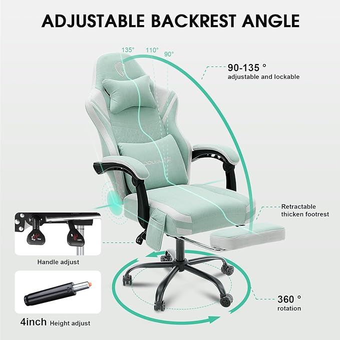 Gaming Chair Tech Fabric Computer Chair with Massage Office Chair with Pocket Spring Widened Cushion High Back Ergonomic Chair with Footrest Lumbar Support Upgraded Metal Legs 350LBS (Green)