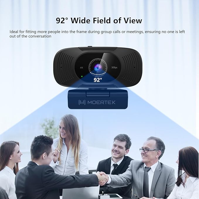 4K Webcam with Microphone 1080P 60fps Webcam for PC 8MP UHD 92° Wide Angle Len Automatic Light Correction USB Camera with Privacy Cover External Computer Camera for Meetings/Video Call