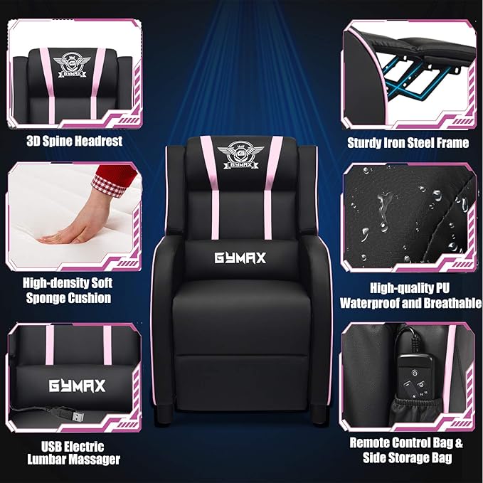 POWERSTONE Gaming Recliner Chair Reclining Gaming Chairs for Adults Ergonomic Leather Sofa with Footrest Lumbar Support Headrest and Side Pouch for Living Room Home Theater Pink