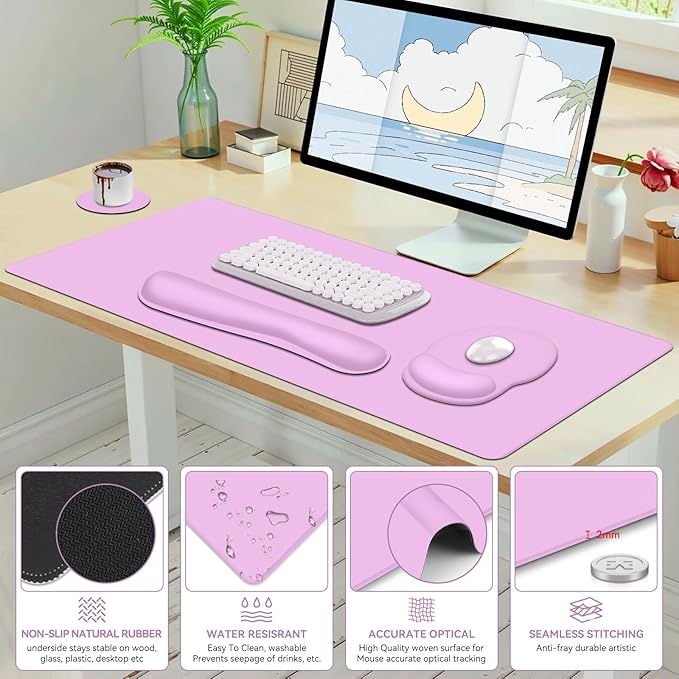 4 PCS Mouse Pad Desk Mat Protector Keyboard Wrist Rest + Comfortable Mouse Pad with Wrist Rest +Coaster Large Gaming Mousepad for Computer Laptop 35.4 X 15.7 XXL Deskpad for Office Home I Lilac
