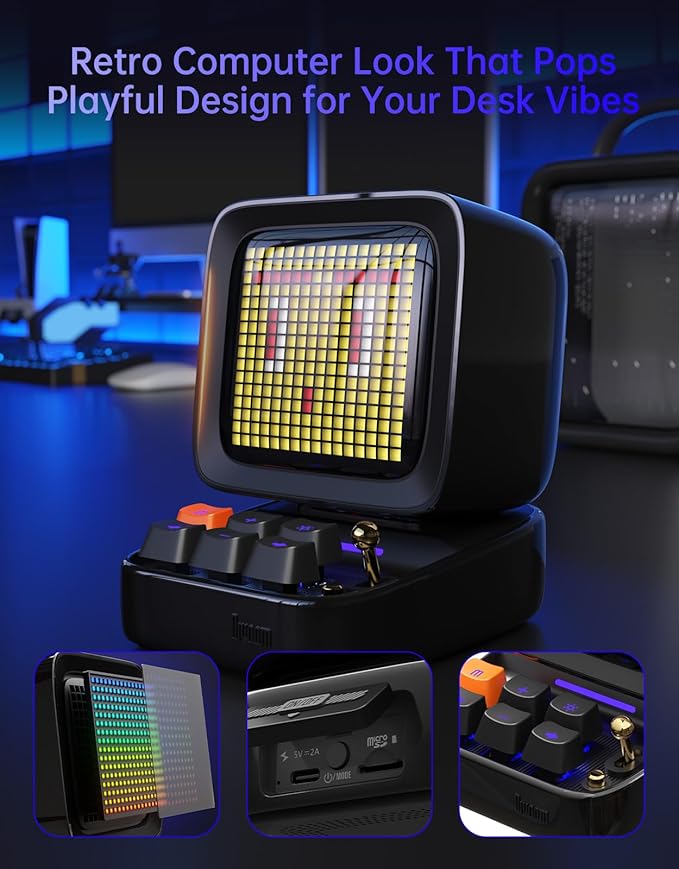 Divoom Ditoo Retro Pixel Art Game Bluetooth Speaker with 16X16 LED App Controlled Front Screen (Black)