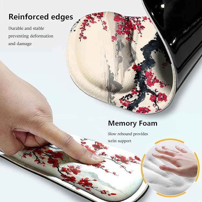 AQQA Japanese Desk Mat Set Large Gaming Mouse Pad with Wrist Rest Ergonomic Mouse Pad Keyboard Mat Wrist SupportPhone HolderCup CoasterHome Office Desk Accessories Decor Supplies Cherry Blossom