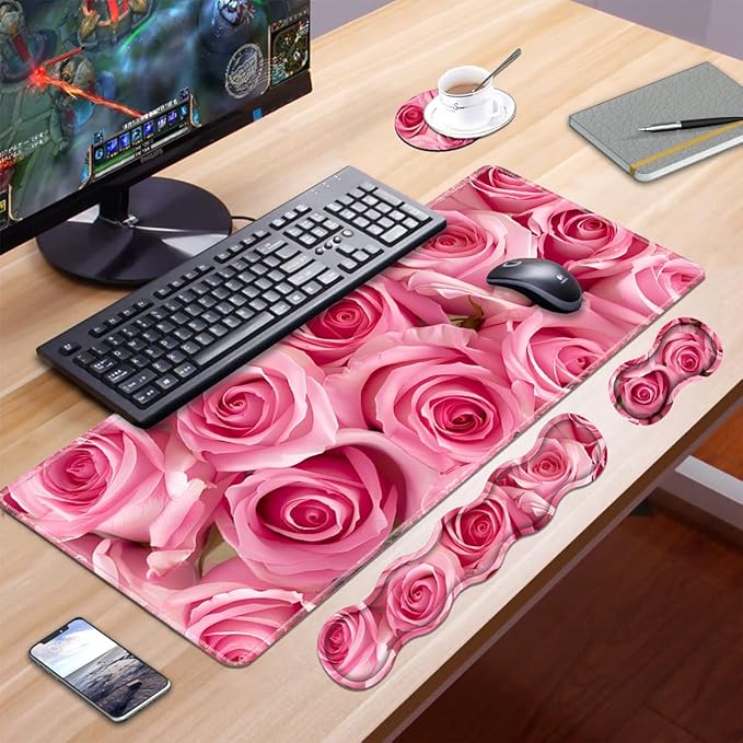 Ergonomic Keyboard Wrist Rest and Mouse Pad Wrist Rest Set Large XXL Gaming Mousepad 31.5x 11.8 Memory Foam Easy Typing Pain Relief Multifunctional Desk Mat for Office &amp Home Pink Roses
