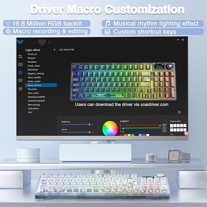 AULA F98 Pro Wireless Mechanical Keyboard with Transparent KeycapsHot-swappablePre-lubed Linear SwitchesGasket StructureRGB BacklitOLED ScreenBT5.0/2.4G/USB-C Wired Computer Keyboard