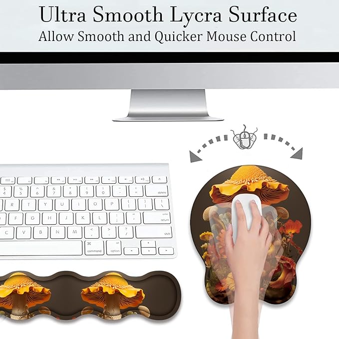 Mouse Wrist Rest and Keyboard Wrist Rest Pad+ Coaster Set Non-Slip Rubber Base Smooth Surface Ergonomic Gaming Mouse Pad for Easy Typing and Pain Relief Mushroom Sunflower
