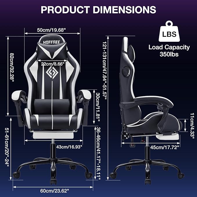 HOFFREE RGB Gaming Chair with Speakers Massage Computer Gaming Chair with LED Lights and Footrest High Back Video Game Chair for Adults White and Black