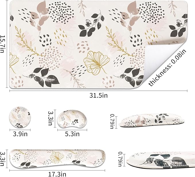 QIYI Leather Desk Mat Set 4-in-1 Large Mouse Pad with Wrist Rest Non-Slip Desk Pad + Keyboard Wrist Rest + Mouse Wrist Support + Coaster Office Desk Accessories Home Decor Supplies Botanical Leaf