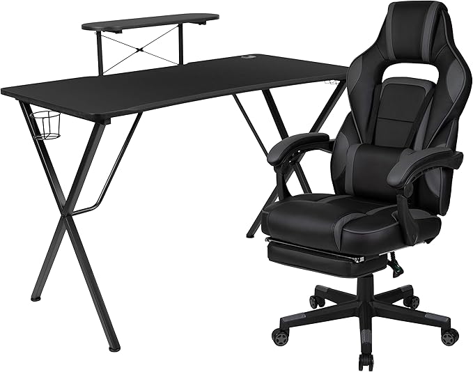 Flash Furniture Optis Black Gaming Desk with Cup Holder/Headphone Hook/Monitor Stand &amp Black Reclining Back/Arms Gaming Chair with Footrest
