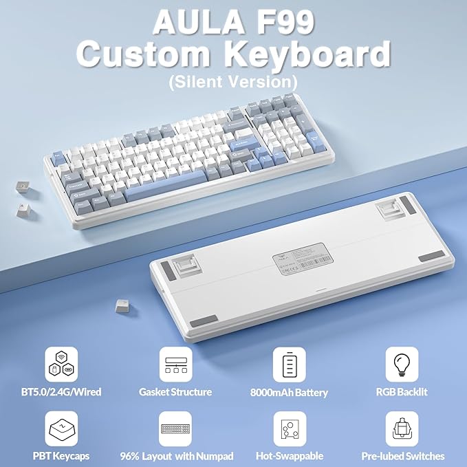 AULA F99 Wireless Mechanical Keyboard-Silent VersionTriple-Mode(BT5.0/2.4GHz/USB-C)Gasket MountedHot Swappable Keyboard with Pre-lubed Linear SwitchesRGB Backlit PC Gaming Keyboards for Win/Mac
