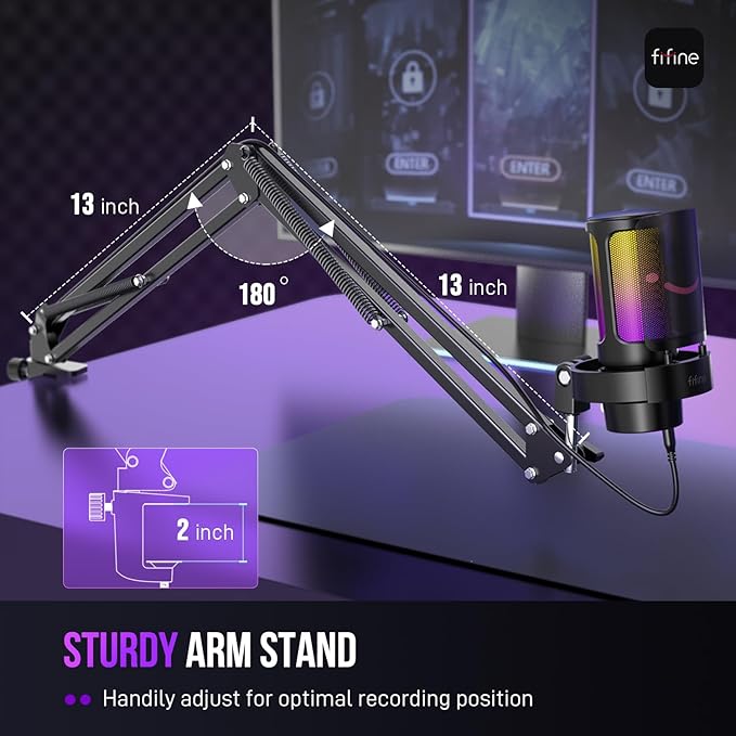 FIFINE USB Gaming Microphone Kit PC Streaming Mic with RGB Lights Mute Gain Knob Metal Boom Arm for Recording Podcast Condenser Computer Microphone Set Compatible with PS4/PS5-AmpliGame A8T
