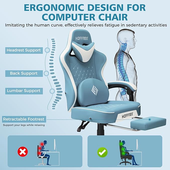 HOFFREE Gaming Chair Computer Chair with Pocket Spring Cushion Massage Game Chair with Footrest Ergonomic High Back Computer Gaming Chairs for Adults Adjustable Swivel Gamer Chair Stone Blue and White
