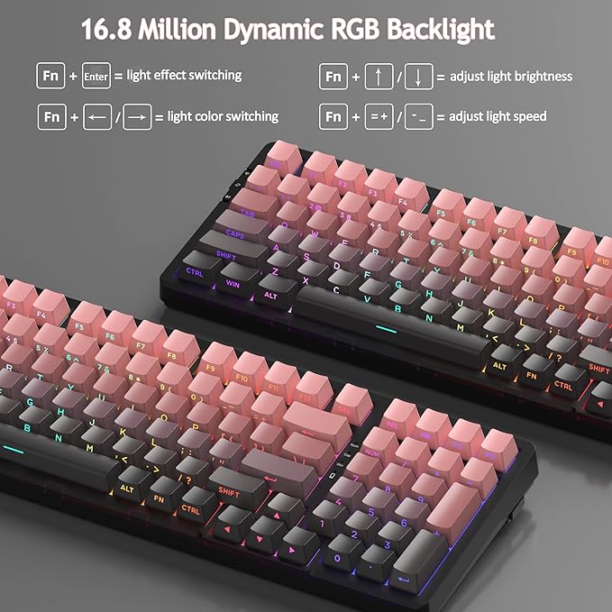 MageGee LIGHT100 Wireless Creamy Keyboard Gasket Structure Hot Swappable 2.4G/USB-C/BT5.0 RGB Backlit Mechanical Gaming Keyboard for Win/Mac/PC 8000mAh Battery Side Printed PBT Keycap Pink