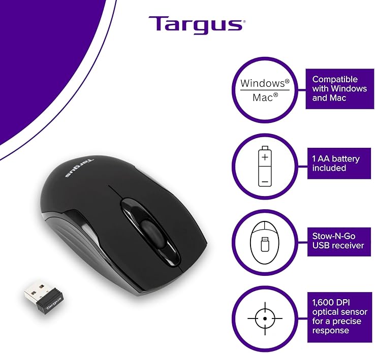 Targus Compact Mouse with Blue Trace Technology for Tracking and Retractable 2.5-Foot USB Cord Black and Gray (AMU75US)