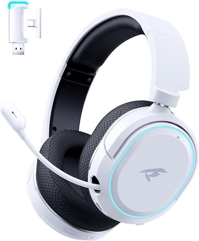 Wireless Gaming Headset 7.1 Surround Sound 2.4GHz USB Gaming Headphones with Bluetooth 5.4 100H Battery ENC Noise Canceling Mic RGB Light Wireless Headset for PC PS5 PS4 Mac Switch (Black-White)