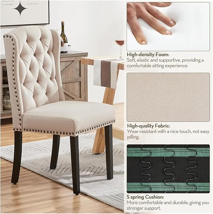 Adjustable Office Computer Chair with Armrest 1pcs Beige Upholstered Tufted Button Backrest Fabric Dining Chairs with Solid Wood Legs