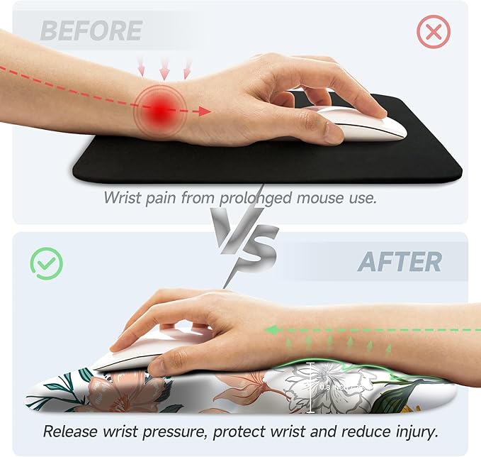 Ergonomic Mouse Pad with Wrist Rest SupportNon-Slip PU BaseMassage for Carpal Tunnel Pain ReliefMemory Foam Mousepad for HomeOfficeWork（Creamy Beautiful Floral）