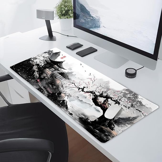 Black Whtie Japanese Gaming Mouse Pad XXL Anime Sakura Cherry Blossom Tree Extended Large Mat Mousepad Desk Pad Non-Slip Rubber Base Stitched Edge Keyboard Pad Playmat for Computer35.4×15.7 Inch