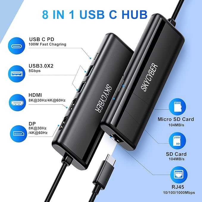 USB C Laptop Docking Station for Dual 4K Monitors or Single 8K Output 8 in 1 USB C Hub with HDMI PD Ethernet SD/TF 2 USB Port 100W PD USB Dock Multiport Adapter for MacBook/Dell/HP/Lenovo Laptop