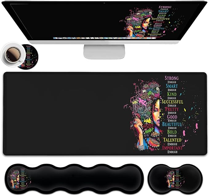 Extended Large Mouse Pad+Keyboard Wrist Rest Support  Ergonomic Memory Foam Wrist Rest 4Pcs (31.5×11.8 in) Desk Pad Set for Home Office Anime African American Woman XXL Gaming Black Mouse Pad