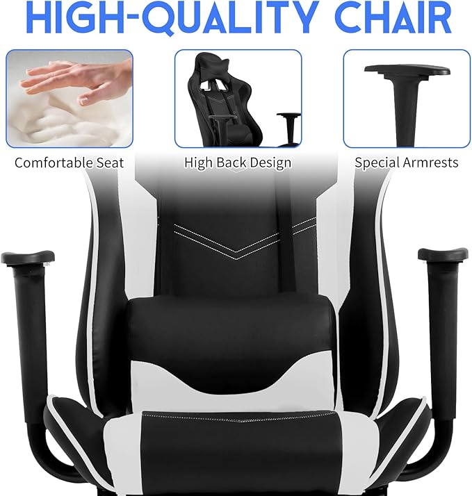 BLKMTY Gaming Chair with Footrest Ergonomic Office Racing Computer Chair with PU Leather High Back Lumbar Support Headrest Adjustable Height Reclining Chairs White