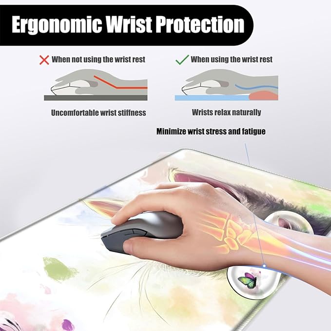 Mouse PadLarge Desk Mat Set 4in1 XL Mousepad + Keyboard Wrist Rest+Mouse Wrist Rest+Coaster with Ergonomic Desk Pad for Home Office Table Computer Cover -Kitten and Colorful Butterfly