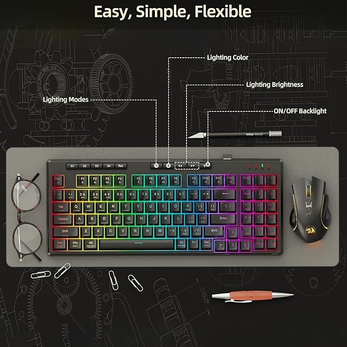 Redragon S156 Wireless Keyboard and Mouse with Tri-Mode Mechanical Feel Keyboard and 4800 DPI 61G Ultra-Light Gaming Mouse RGB Backlit 4 Macro Keys Long Battery Life for PC Mac Ideal for Gamer