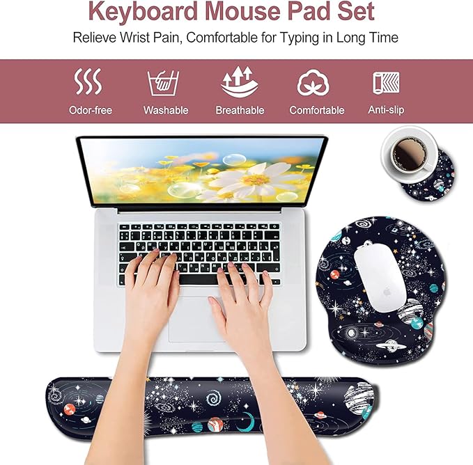 Mouse Pad with Wrist Support Soft Memory Foam Keyboard Wrist Rest Ergonomic Gel Mouse PadCute Cartoon Space Galaxy Constellation Office Easy Typing Games to Relieve Fatigue Non-Slip and Durable