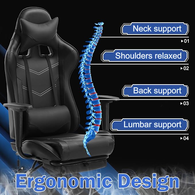 Massage Gaming Chair Gaming Chairs with Footrest Ergonomic PC Racing Office Chair with Lumbar Support Headrest Armrest Game Chair- Black Heavy Duty PU Leather Recliner for Adults Gamer (Black)