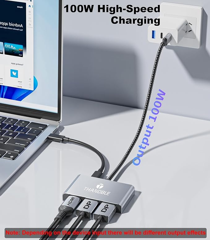 USB C to Dual DisplayPort Adapter and HDMI with 100W PD Charging Triple 4K60Hz Monitor Extender for Dell/Surface Pro/HP DP Splitter Extended Display Hub Laptop Multi-Screen Adapter