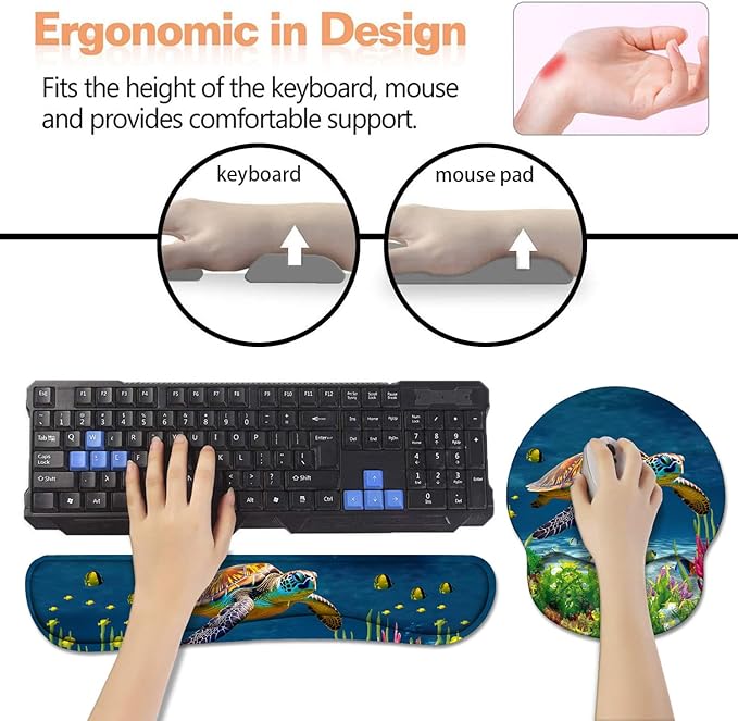 Keyboard Wrist Rest + Mouse Pad Wrist Support Set with Coasters Non-Slip PU Base Ergonomic Mousepad for Home Office Working Studying Easy Typing &amp Pain Relief Sea Turtle
