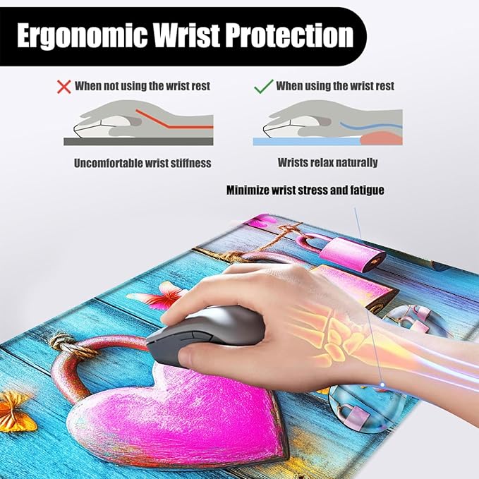 Mouse PadLarge Desk Mat Set 4in1 XL Mousepad + Keyboard Wrist Rest+Mouse Wrist Rest+Coaster with Ergonomic Desk Pad for Home Office Table Computer Cover -Heart Lock and Butterflies