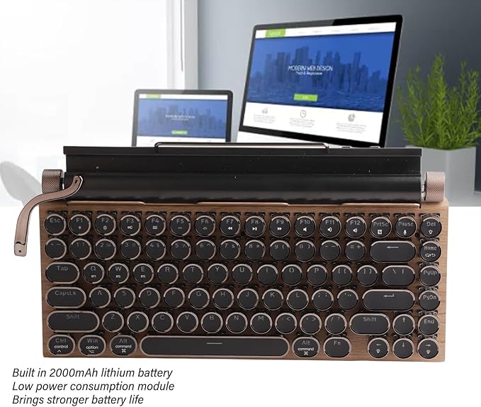 Jiawu Mechanical Gaming Keyboard Typewriter Retro Punk Gaming Keyboard Bluetooth Keyboard with Metal Round Keycap &amp Backlit 83 Keys Blue Switch Electric Typewriter (Wood
