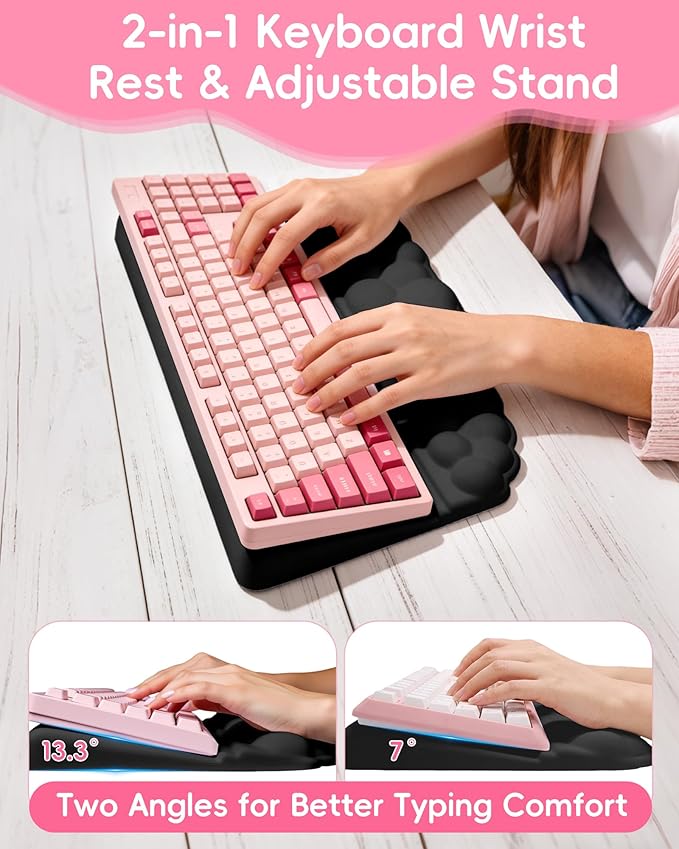 Cloud Wrist Rest Set for Keyboard and Mouse Ergonomic Memory Foam Wrist Support &amp Adjustable Keyboard Stand with Two Typing Angles Silky Lycra Surface Non-Slip Base (Black)