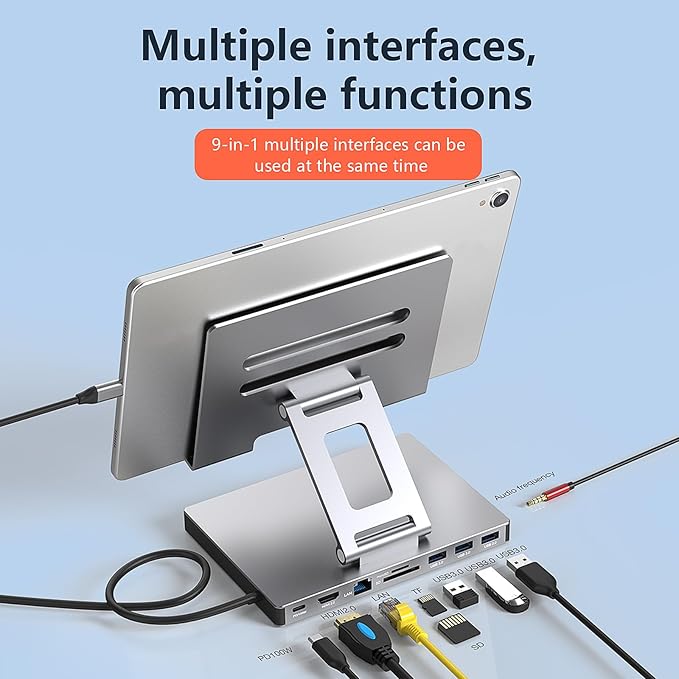 Aluminum Stand with 9-in-1 Type C Dock100W PD4K HDMI Foldable for iPad Pro/Air All-in-One Docking Station &amp Adjustable Holder USB 3.0/Ethernet/SD Reader