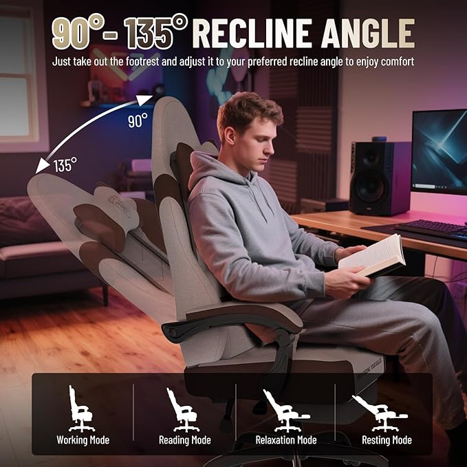 Ferghana Cotton Fabric Gaming Chair with Wider Seat Cushion Shield-Shaped Embroidery Ergonomic High Back Game Chair with Footrest Computer Chair with Massage Lumbar Support for Adult Brown