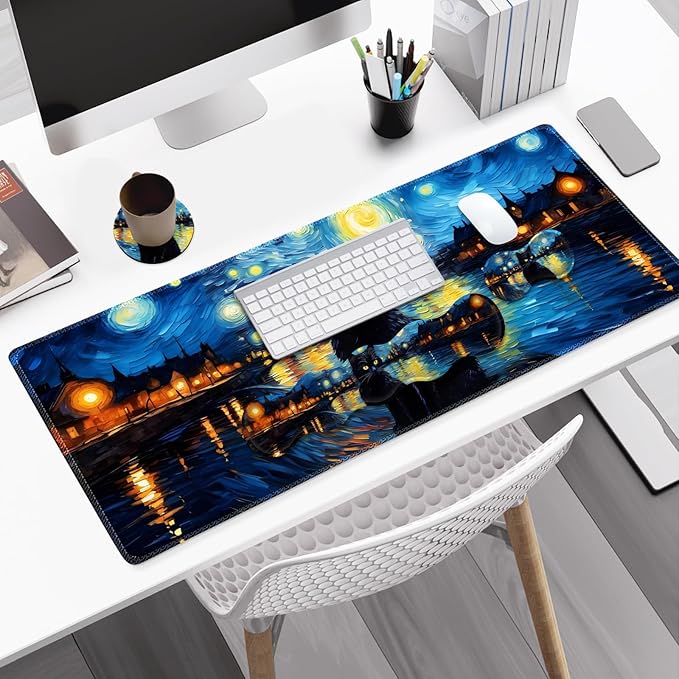 Desk Mat Gaming Mouse Pad Cute Desk Matt Keyboard Wrist Rest for Desktop Anti-Slip Mousepad Stitched Edges XXL Large Mouse Pad with Wrist Support for Home Office I Van Gogh Starry Night Cat