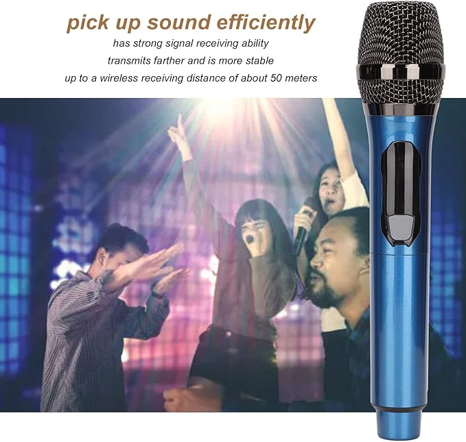 Cordless Microphone Dual Digital Dynamic Microphone with Receiver 50m Range 3.5mm Adapter Microphone with Smart LED Display for Singing Karaoke Meeting Wedding (Blue)
