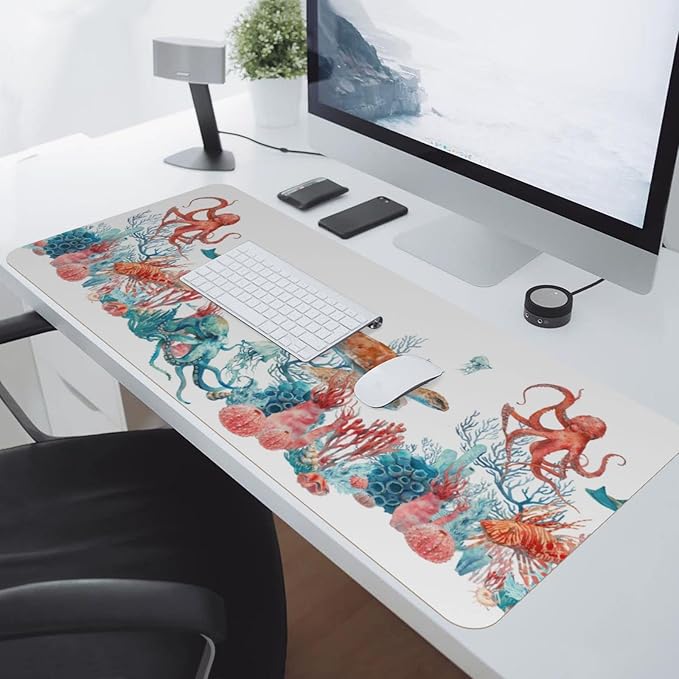 Sea Turtle Octopus Large Mouse Pad Gaming Mousepad with Wrist Support Rubber Computer Keyboard Mat for Desk Laptop Non-Slip Full Deskmat Protector Waterproof Writing Pad Office Home 16x35.5 in