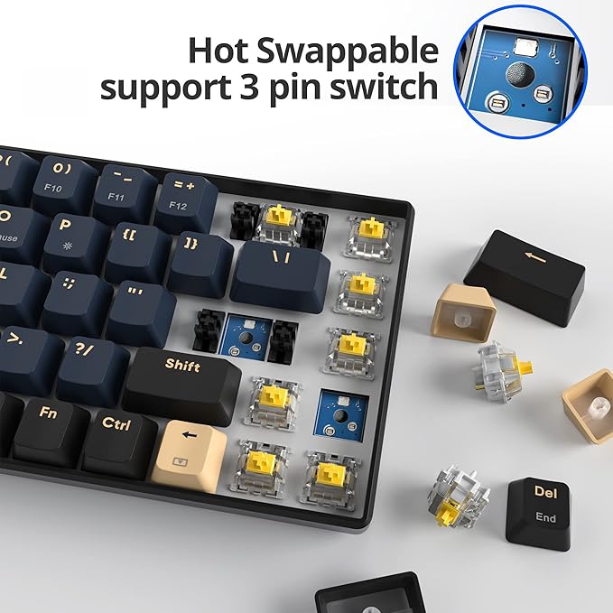 surmen GT68 65% Wireless Mechanical Gaming Keyboard 60 Percent RGB Hot-Swappable 68-Key Compact Keyboard Bluetooth5.0/2.4G/USB with Yellow Switch (Yellow Switch Blue Samurai 68)