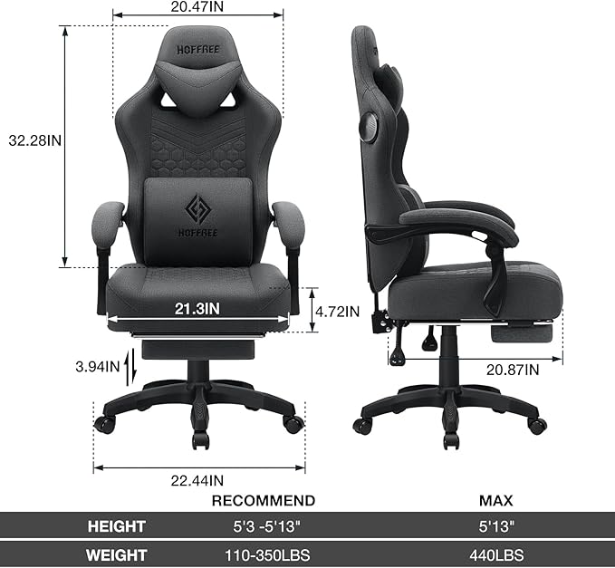 HOFFREE Gaming Chair Computer Chair with Speakers Massage Fabric Reclining Game Chair with Footrest Ergonomic High Back Gamer Chair Heavy Duty Gaming Chairs for Adults Dark Grey