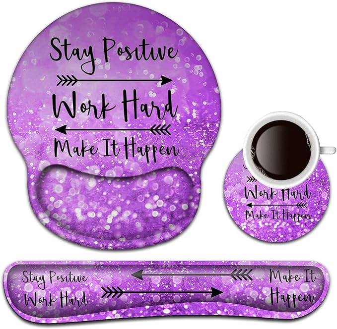 Keyboard Wrist Rest and Mouse Pad with Wrist Support Ergonomic Mouse Pad CoasterEasy Typing Pain ReliefKeyboard Mousepad SetStay Positive Work Hard and Make It Happen Purple Glitter