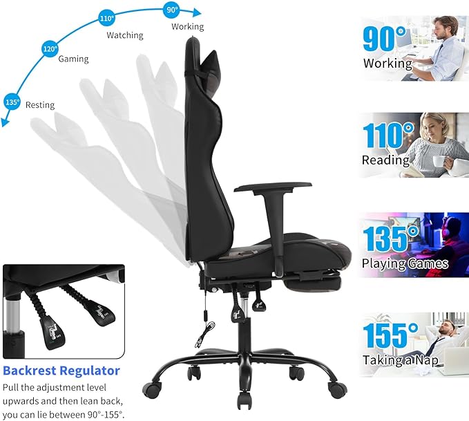BLKMTY Massage Gaming Chair with Footrest Ergonomic Office Chair Racing Computer Chairs PU Leather with High Back Lumbar Support Headrest Reclining Chairs Camo