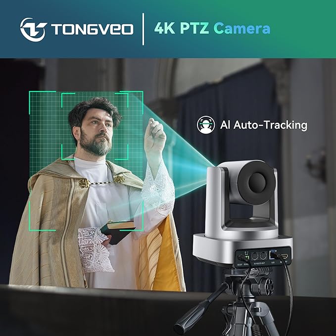TONGVEO 4K AI PTZ Camera with 10X Optical Zoom &amp Bluetooth Conference Speakerphone Auto Tracking Video Conferencing System with 360° Voice Pickup HDMI USB Webcam for Church Zoom Teams