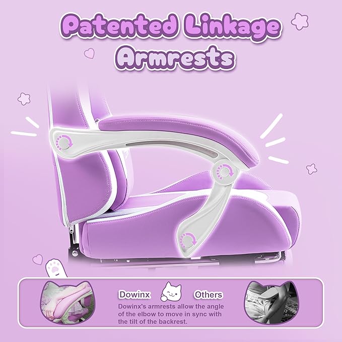 Dowinx Gaming Chair Cute with Cat Ears and Massage Lumbar Support Ergonomic Computer Chair for Girl with Footrest and Headrest Comfortable Reclining Game Chair 290lbs for Adult Teen Purple