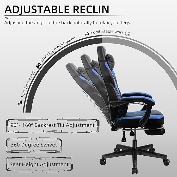 Shintenchi Gaming ChairVideo Game Chair with footrest and Massage Lumbar SupportHeight Adjustable Game Chair with 360°Swivel Seat Ergonomic Computer Chair with Headrest for Office or Gaming(Blue)