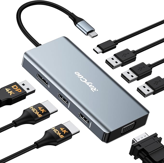 USB C Docking Station Dual Monitor Adapter 8 in 1 Laptop Docking Station 3 Monitors Quadruple Display USB C Hub Dongle to 4K HDMI+DP+VGA