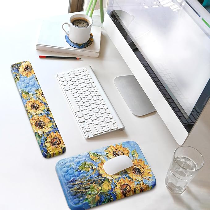 Ospelelf 3 in1 Ergonomic Wrist Rest Pad for Computer Keyboard and Mouse Large Mouse Pad Set with Support for Office Sunflower