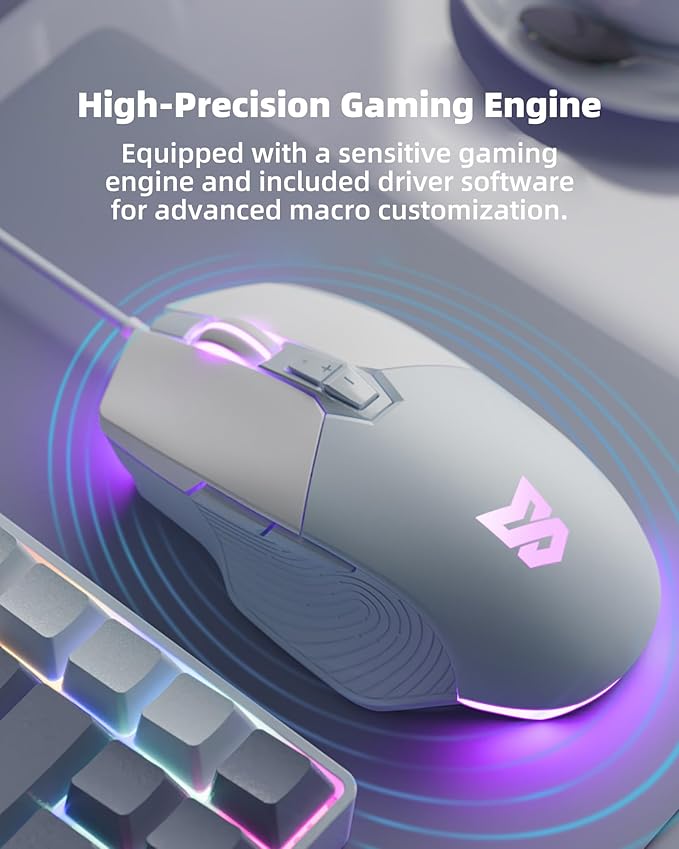 Gaming Mouse Ergonomic Wired Gaming Mouse 7200 DPI Optical Sensor Adjustable USB C RGB LED Backlit Gaming Mice with 7 Programmable Buttons Plug Play High-Precision for PC Laptop Blue White